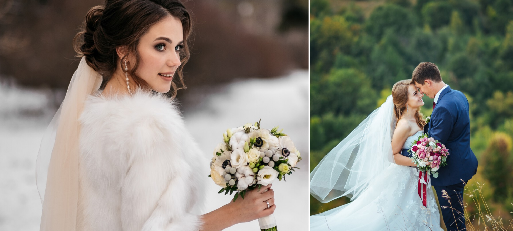 beautiful bride holding bouquet alongside a couple of newly weds