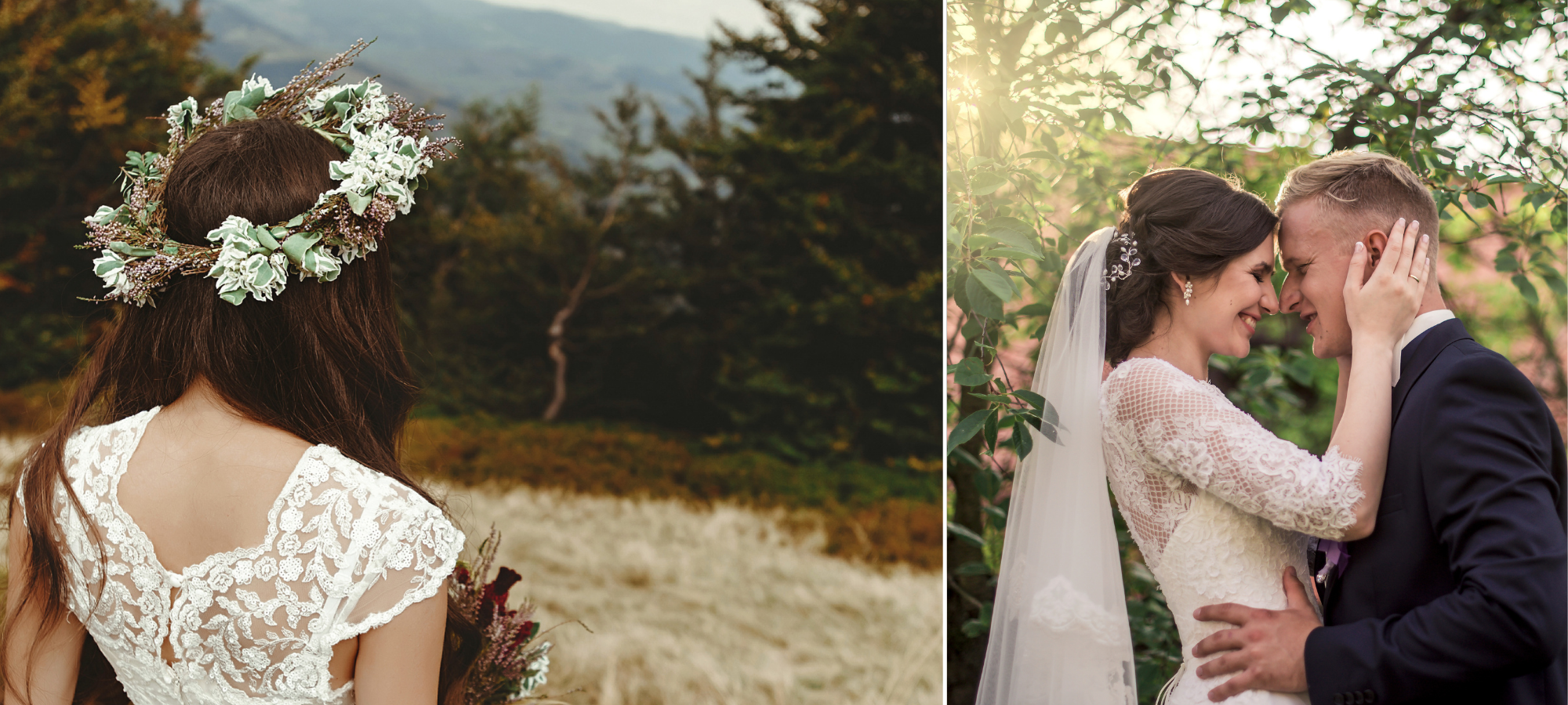 bride with a floral crown and bride and groom embracing 